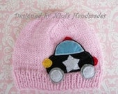 Knitted POLICE CAR Inspired Childrens Beanie- Baby Hat- Police,   police car, car,   handmade, childrens clothing, girl clothing