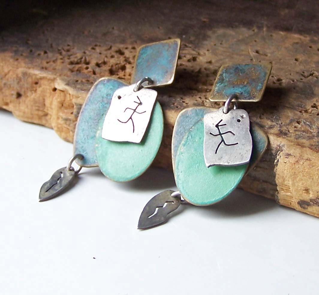 Etsy, Etsy Jewelry, Dangle Earrings, 80s Earrings, 90s Earrings, Vintage Earrrings, Paleolithic Earrings, Tribal Earrings, Patinaed Earrings