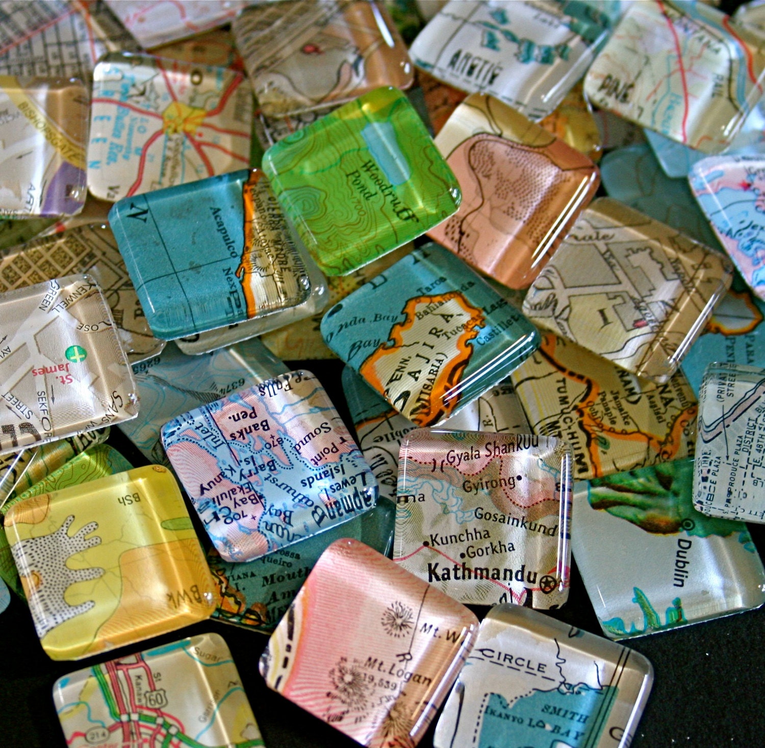 Map Magnets - Set of 10 Glass Magnets of  Worldwide Vintage Maps - great for Party Favors and Geography Lovers