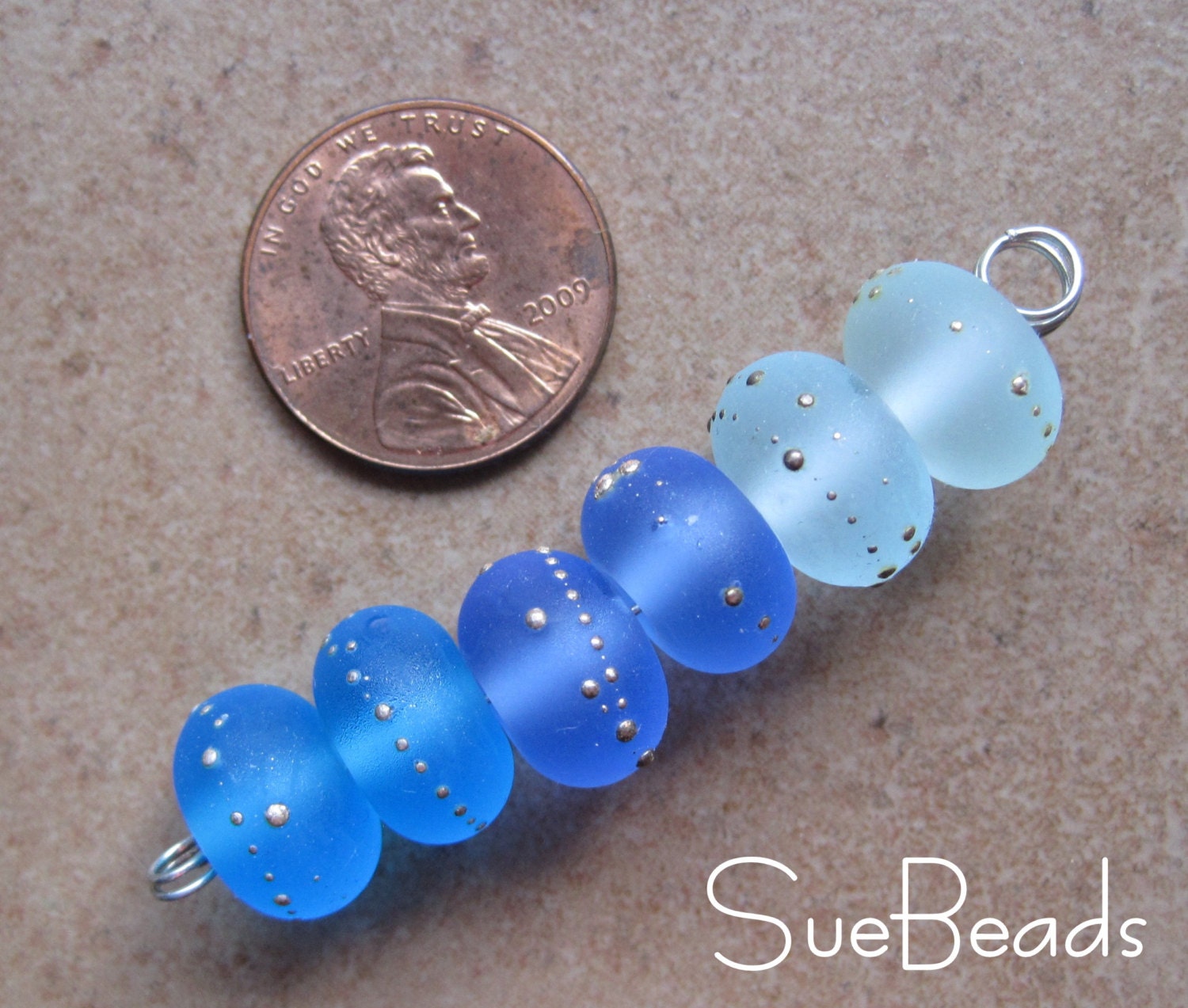 Lampwork Beads - SueBeads - Sparkle Mini Beads - Blue Mix Sparkle Mini Set of 6 Etched - Handmade Lampwork Beads - SRA M67