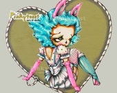 Big Eye Girl in Boots and Bunny Ears-Burlesque Retro Pinup-Pinkytoast Art Print-8x8
