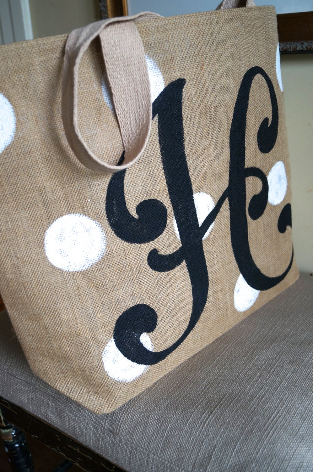 Custom Initial Polkadot Burlap Tote 