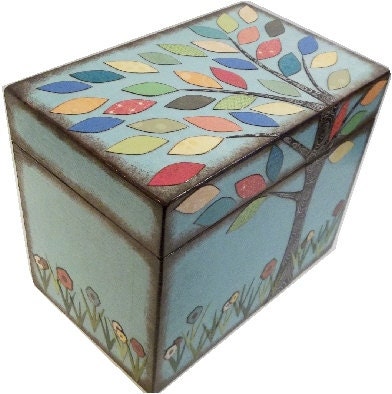 Keepsake Trinket  Box  Decoupaged  LARGE and Crafted by Hand, Colorful Tree Box MADE To ORDER