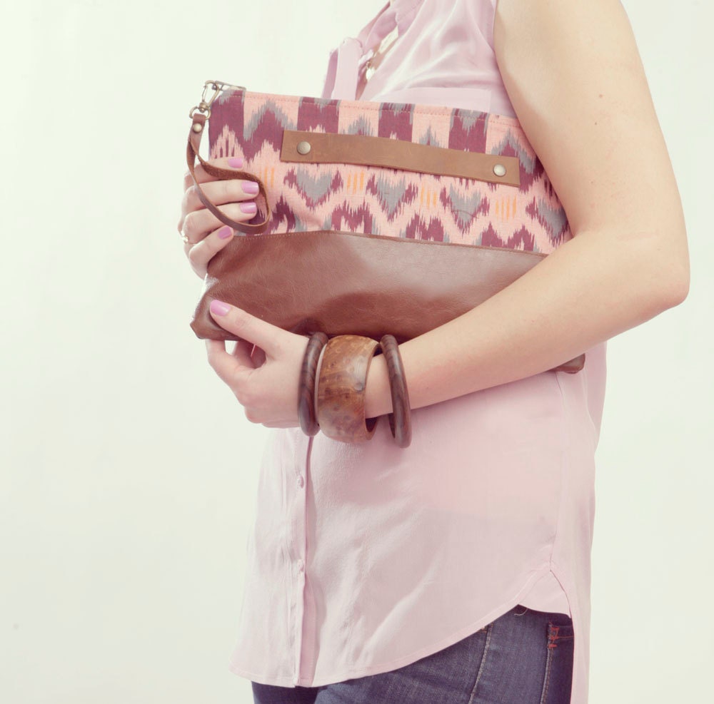PASTEL CLUTCH. Brown Leather Clutch. Wrist Strap Clutch. Oversized Clutch. Tribal Print Bag. Ikat Bag.