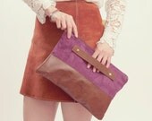 PURPLE SUEDE CLUTCH. Brown Leather Clutch.  Oversized Clutch. Wrist Strap Clutch.