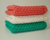 Handknitted Dishcloths - Orange Green Ivory - Set of 3