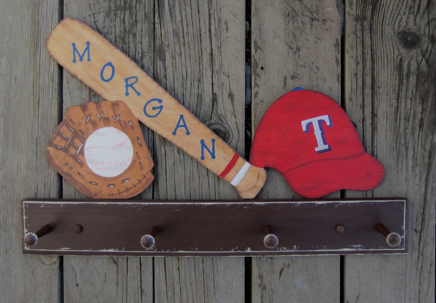 Baseball Peg Rack - Personalized Bat - Hand-Painted Natural Wood - NY Yankees - SF Giants - Texas Rangers