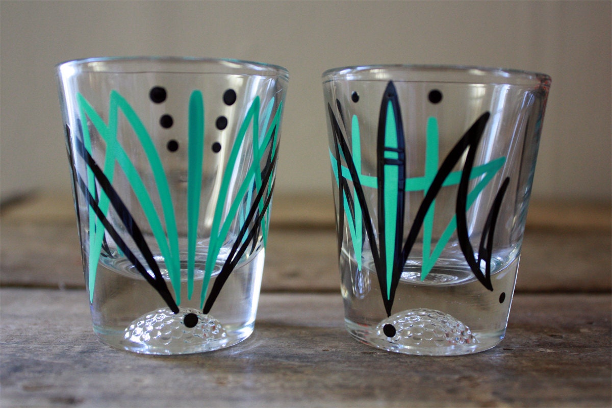 Pinstriped Shot Glasses (2) - Aqua & Black Kustom Pinstriping