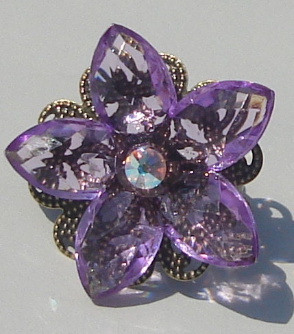 large purple faceted flower with sparkling ab center hand made adjustable ring