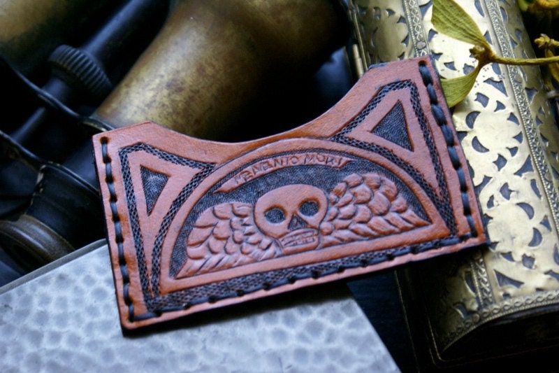 Card Case-Leather Pocket Wallet-Tooled Skull Memento Mori-Leather Card Case-Wallet-Leather Slim Wallet-Leather Card Cases-Leather Card Case