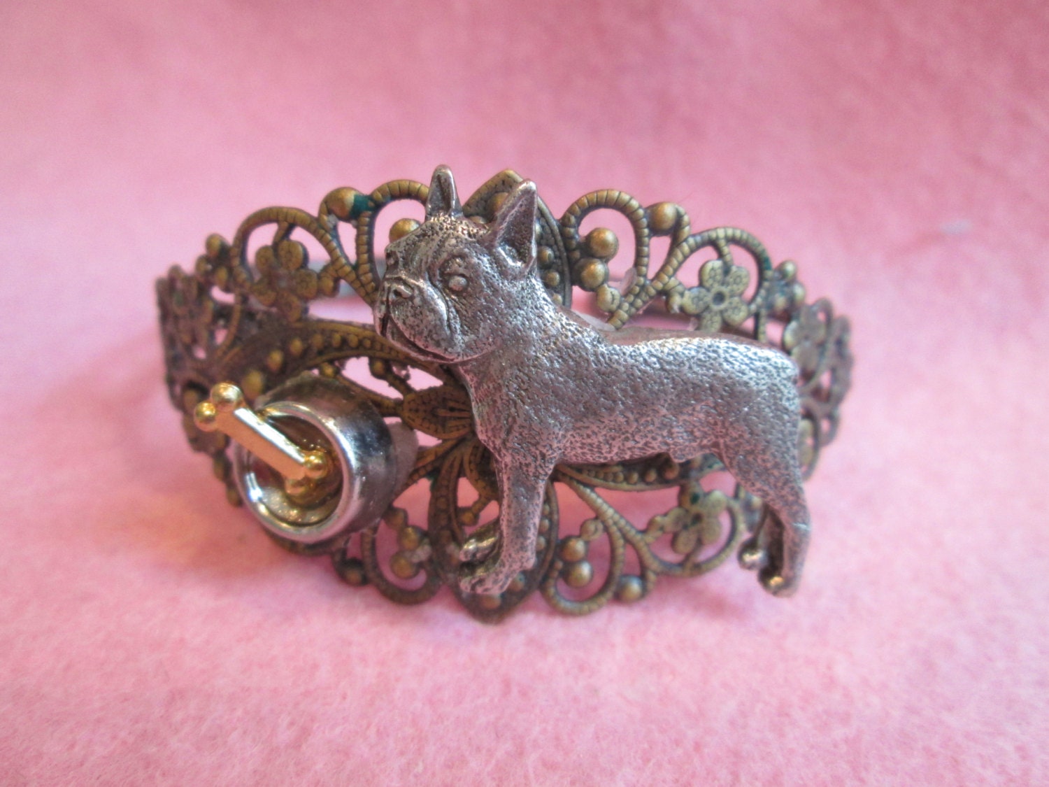 Lovely Antiqued Brass Filigree Figural Boston Terrier Bracelet with Bowl and Bone-limited edition
