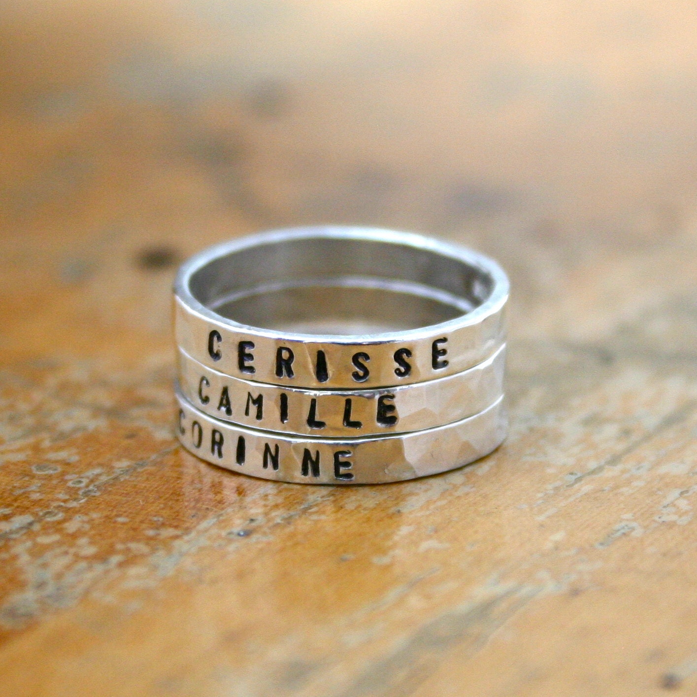 Three customized Sterling silver hammered name rings - stacking rings