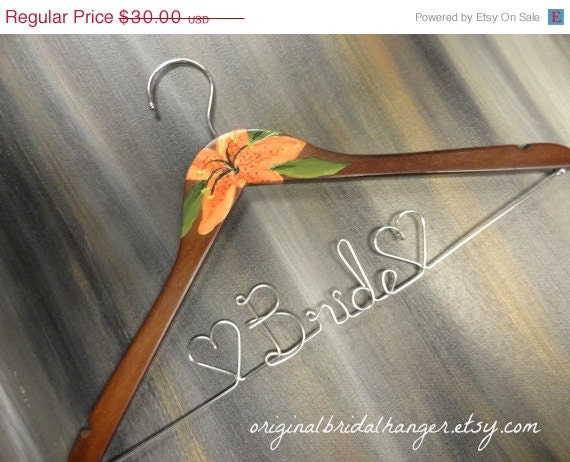 20% OFF SALE Bride Wire Hangers Painted Tiger Lily Brown Walnut Wood Wedding Dress Hangers Bridal Accessories Wedding Photo Props