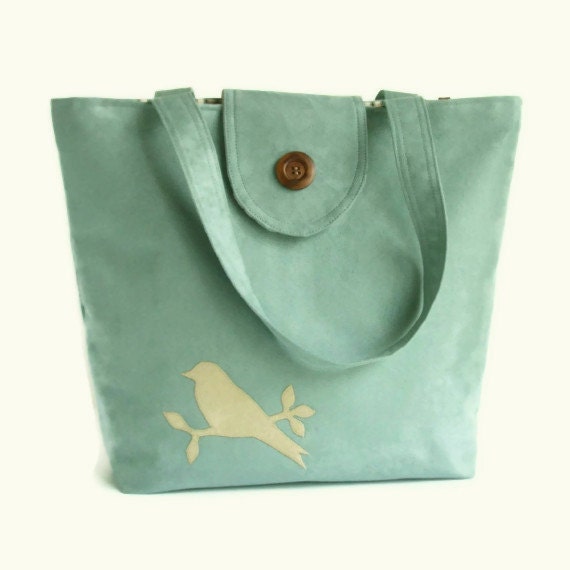 VEGAN Faux Suede Tote - Bird on Branch - Large Carryall - Robin's Egg Blue
