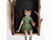 Wall Art  - CAT and BIRD - art doll Ooak Figurine Art Object 3D Mixed Media sculpture wood box