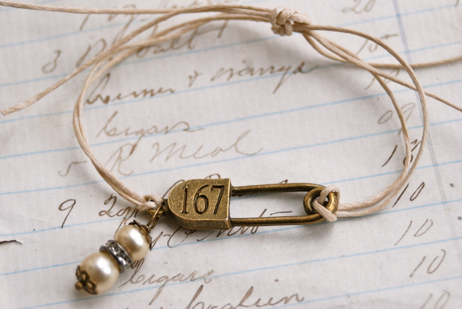 Pearl charm. vintage style string bracelet. Tiedupmemories