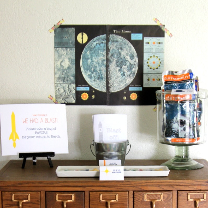 complete BLAST OFF printable ensemble for an outer space themed birthday party