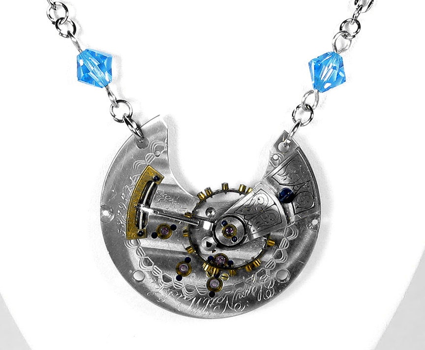 Steampunk Jewelry Necklace Vintage ETCHED Pocket Watch Plate 2 Tone Gears AQUA Crystals STUNNING Women's Gift - Steampunk by edmdesigns