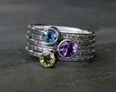 Tradewinds Stacking Rings, Sterling Silver, Purple Amethyst, Swiss Blue Topaz, Peridot, Stackable Set of Five, Hammered Band, Oxidized