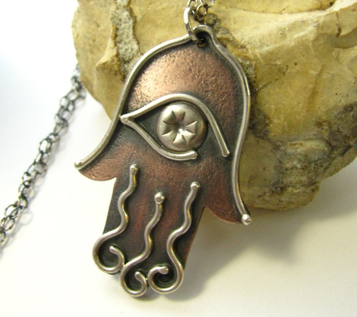 Rustic Mixed Metal Hamsa Necklace - Amulet Necklace - Sterling Silver And Copper Jewelry - Hand Of Fatima Pendant Metalsmith Jewelry