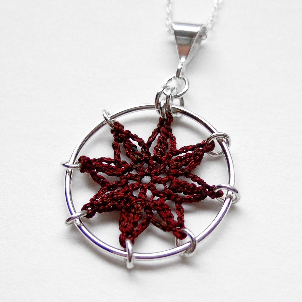 Compass Doily Necklace, hand-dyed silk thread