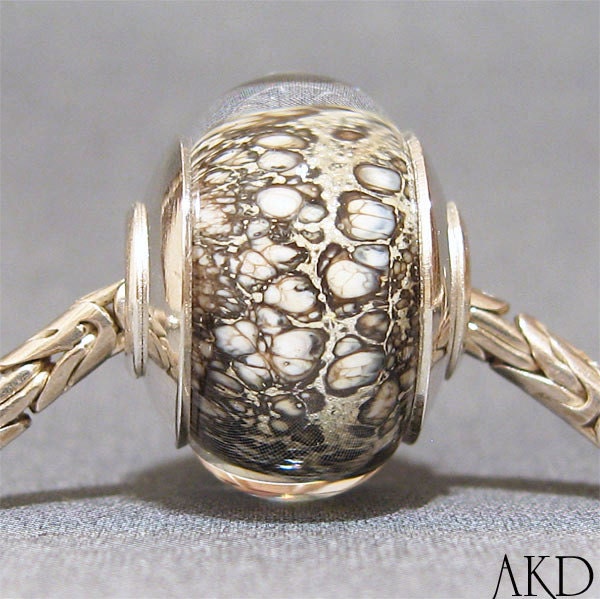 Ivory, Silver & Brown Lampwork Glass Bead With Sterling Silver Fits Trollbeads and Biagi Jewelry Charm Bracelet Enigma