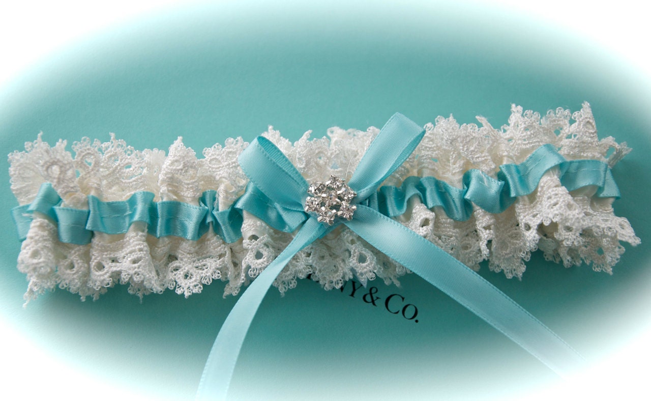 Bridal Garter in Bridal Tears Venice and Tiffany Something Blue Ribbon