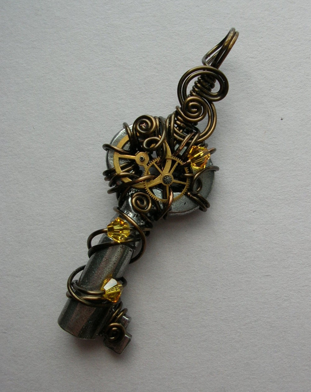 Yellow Crystal Key Pendant -- Steampunk Wire Wrapped Clockwork Key with Gears, Yellow Swarovski Crystals (A Key to Time)