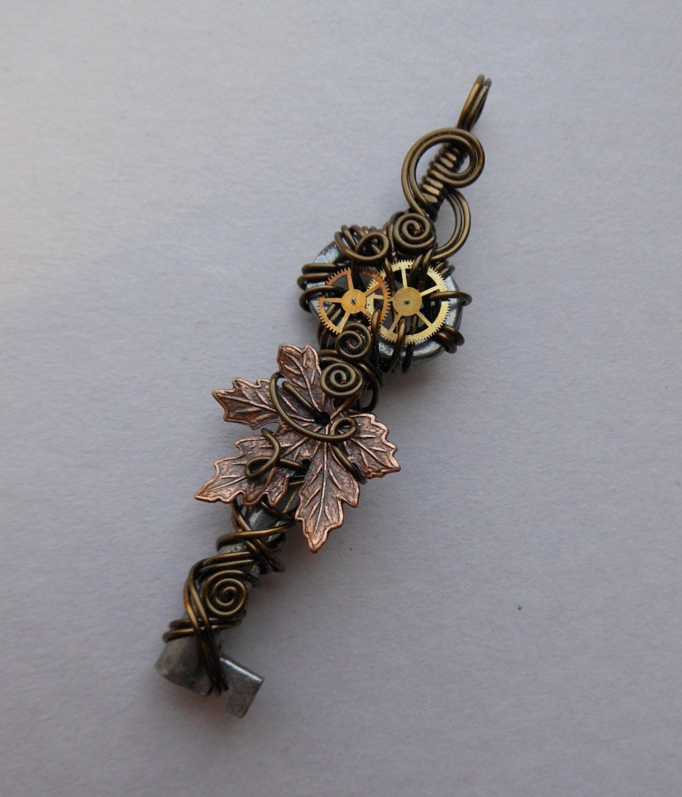 Falling Maple Leaf Clockwork Key Pendant (A key to time) -- Wire Wrapped Steampunk Key Necklace, Copper Maple Leaf and Gears