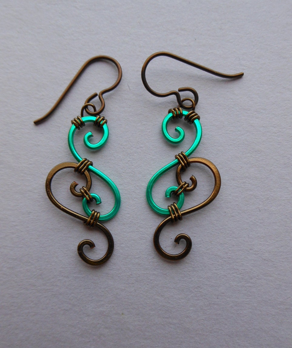 Green/Brass Wire Spiral Earrings -- Bright Green and Antique Brass Swirl Wire Wrapped Filigree Earrings, Brown Niobium Ear Wires