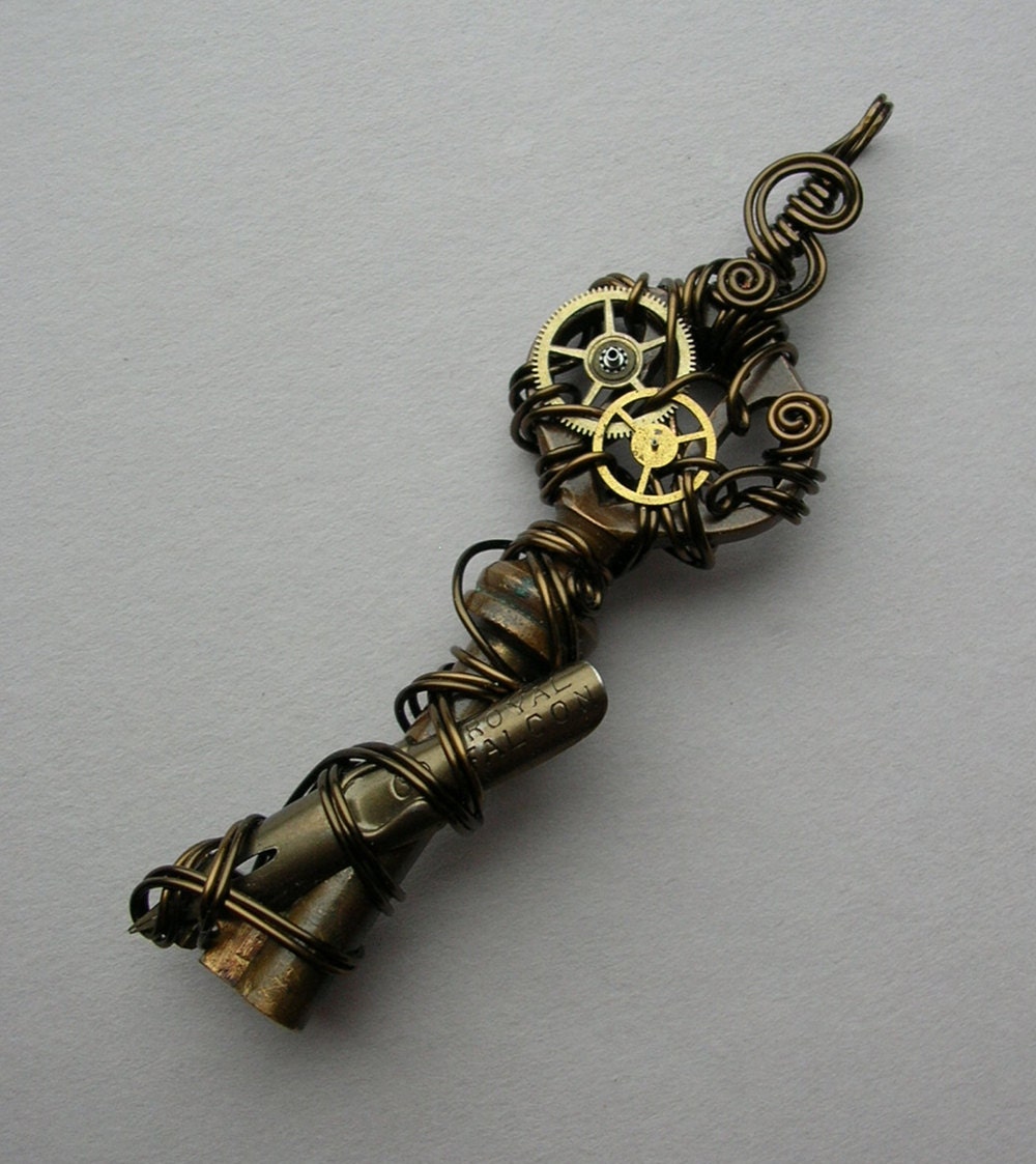 Steampunk Writer's Charm Pendant - A Key to Writing Clockpunk (Wire wrapped antique key with vintage pen nib)