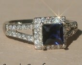 Princess Cut Sapphire Ring with Square Diamond Halo and Split Shank - LS1322