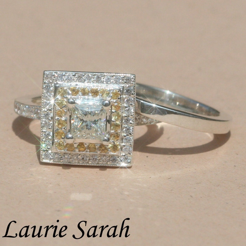 Moissanite, Yellow Sapphire and Diamond Alternative Wedding Set in Sterling Silver - LS1078