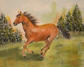 Art, Fine Art-Watercolor Painting of Running Horse-Equine Art