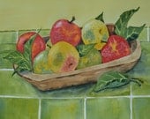 Art, Fine Art-Original Watercolor Painting of Apples in a Wooden Bowl-Kitchen Art-Still Life-Fruit