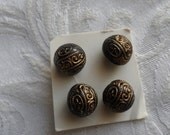 4 Small Black and Gold Antique Glass Buttons- 13mm
