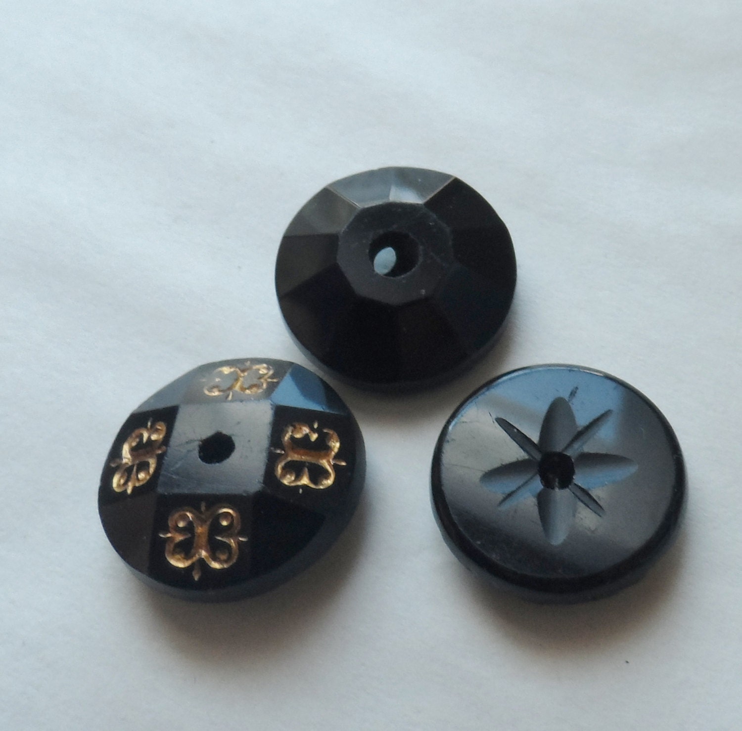 3 Antique Victorian Black Glass Whistle Buttons