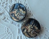 2 Antique Victorian Black Glass Buttons- Village Scene- 1880's