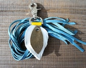 Leather Feather Tassel/Keychain/Fringe in Teal, Gold, and White Leather