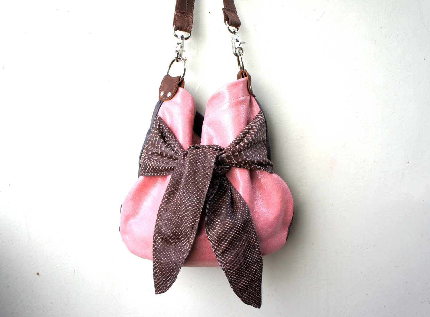 NEW Agatha //////in Pink and Brown Leather with Snake Embossed Lambskin Bow and Two Straps