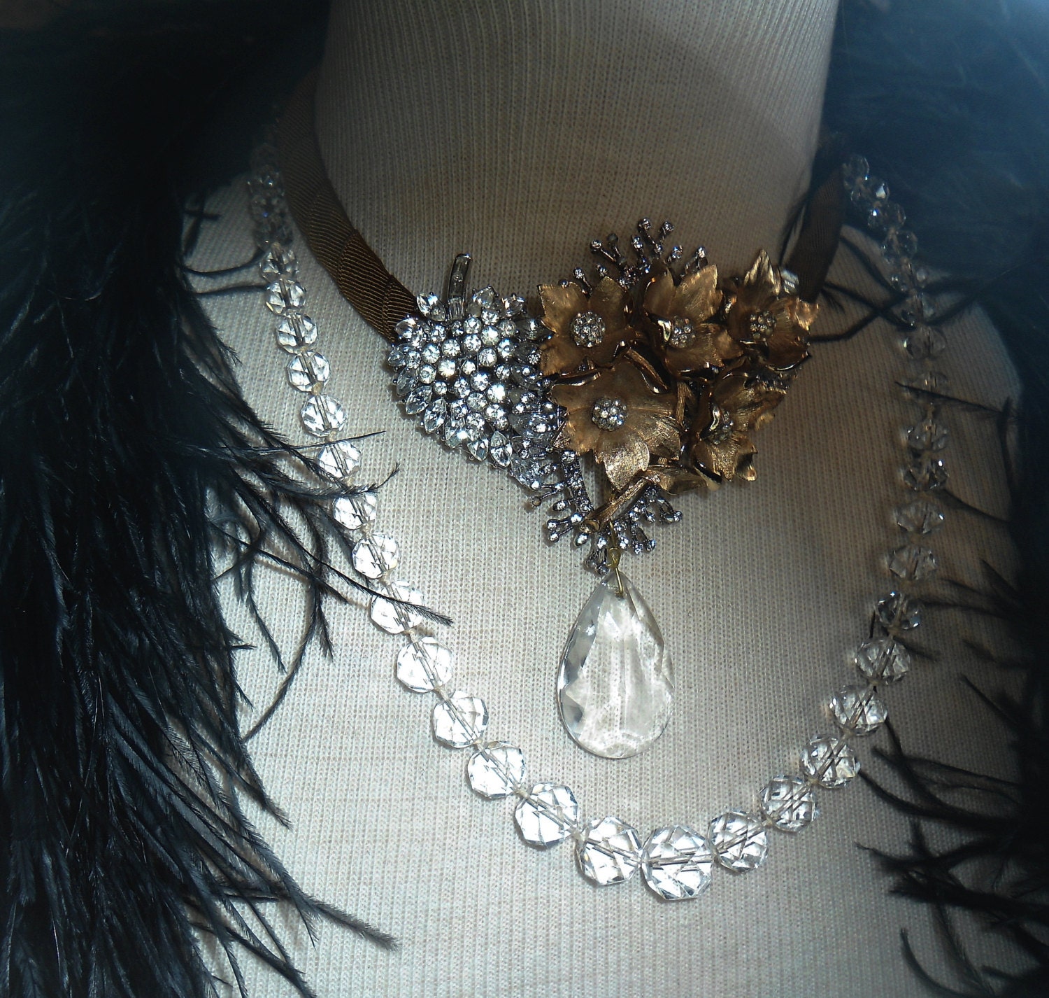 Golden Floral Rhinestone and Crystal  Special Occasion Statement Necklace