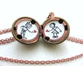 Robot Love Locket, Hand-Painted in Oil, Vintage Ball Pendant, Black, White and Silver, Nerd Couple