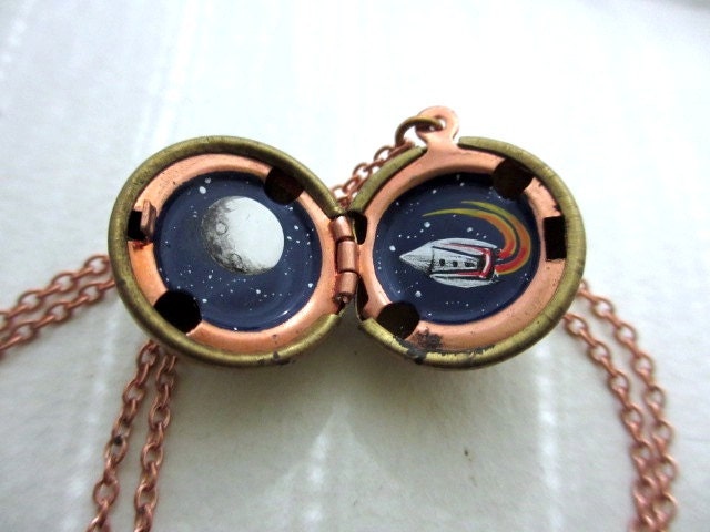 Rocket to the Moon - Discounted -  Hand-Painted Locket with Stars and Full Moon - Voyage to Outerspace