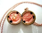 Love Owls Locket - Hand Painted Necklace - Hot pink, Red and Cream in a Vintage Brass Locket