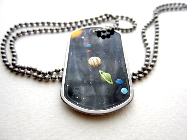 Solar System Men's Necklace - Hand-painted Dog Tag - Outer Space with Planets  - Sleek, Hip Jewelry