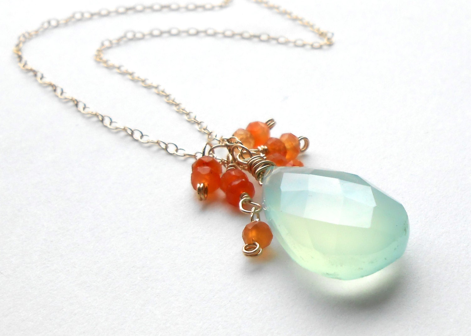 Aqua Blue Chalcedony, Orange Carnelian Gemstone Necklace, Gold Filled Briolette Pendant Necklace,