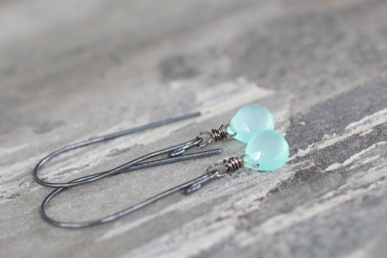 Aqua Blue Chalcedony Briolette Wire Wrapped Semi Precious Gemstone Earrings. Oxidized Sterling Silver Everyday Fashion