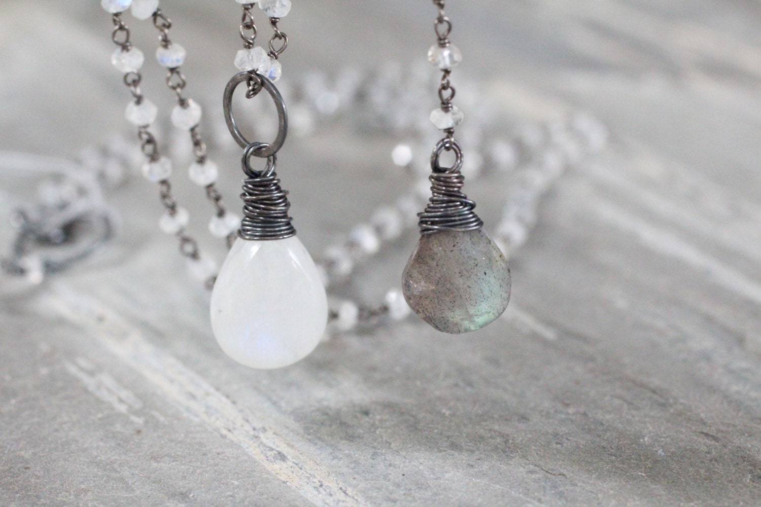 Sexy Labradorite and Moonstone Necklace. Wire Wrapped With Oxidized Sterling Silver. Beaded Necklace. Flashy. Long Chain Necklace.