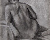 NUDE BACK -- Original Art, Charcoal and chalk, Nude Female Life Study-- 18x12 inch drawing on grey paper, unframed, by Diana Moses Botkin