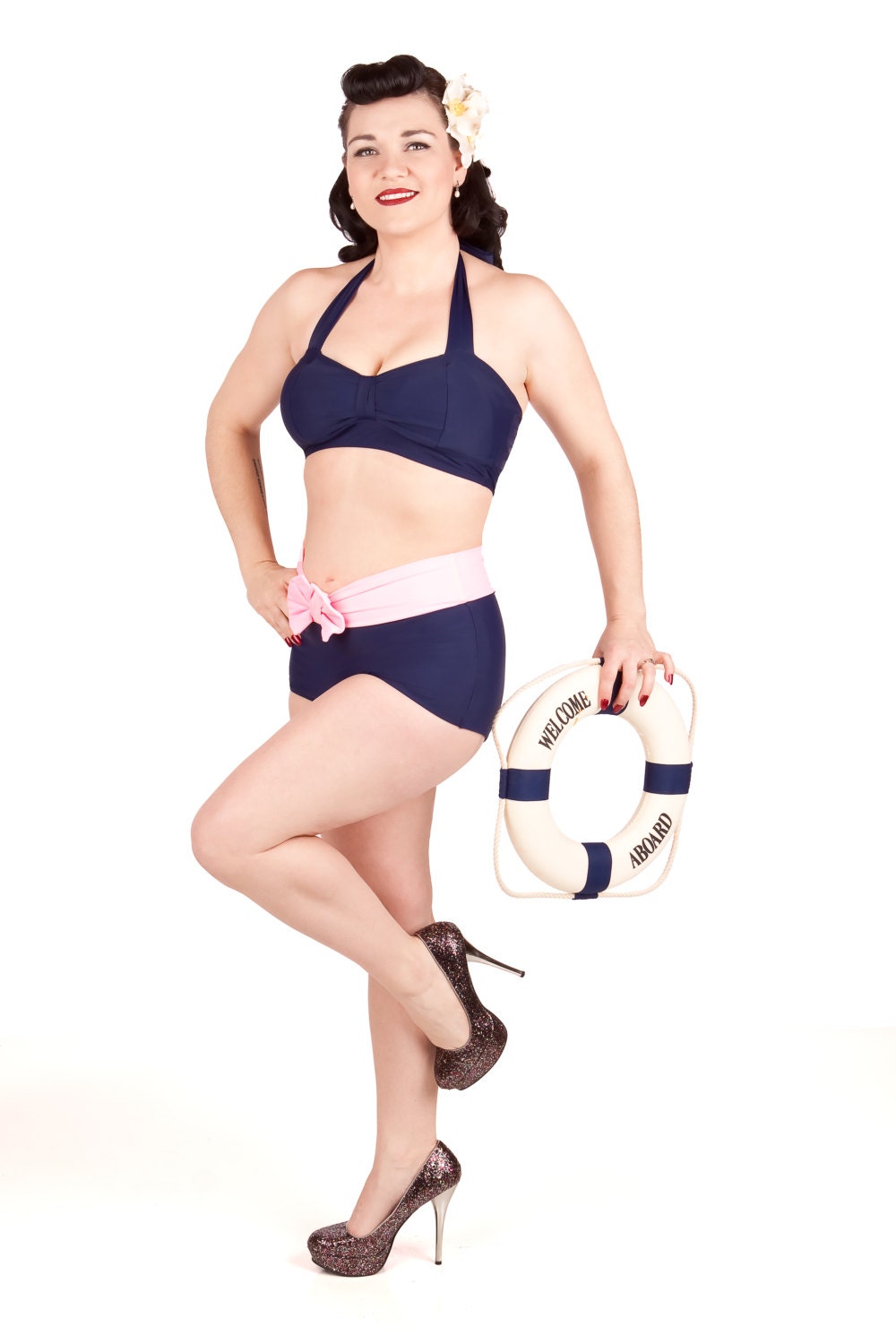 ABBIE Navy High Waist Bikini Bottom With Pink Bow Sizes S, M, L, XL